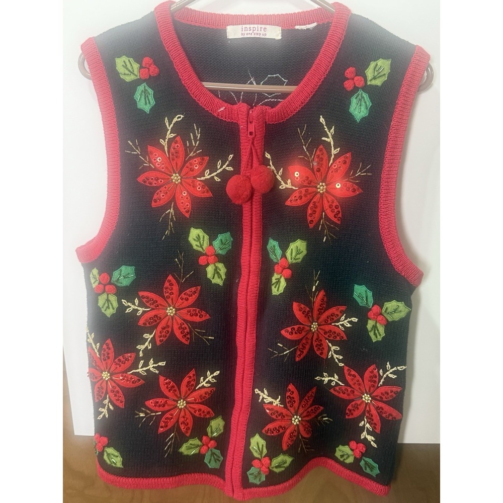Vintage Inspire Women's Ugly Christmas‎ Poinsettia Sweater Vest Size S/M